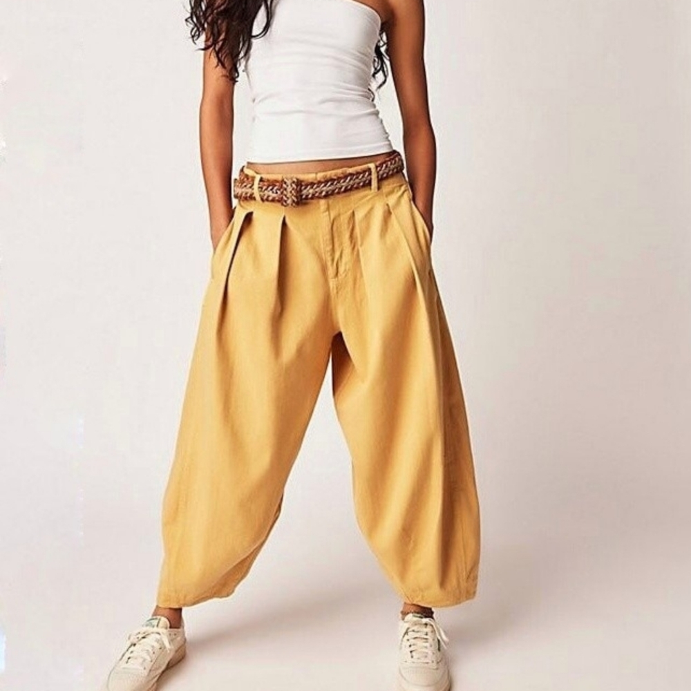 We The Free Ridley Mustard Pleated Wide-Leg Harem Jeans Oversized